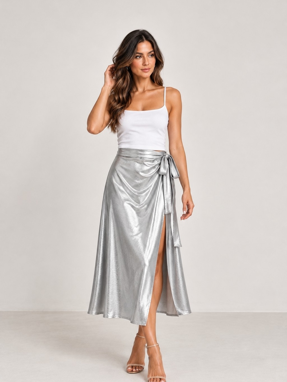 Zara Silver Metallic Wrap Midi Skirt Adjustable Tie Waist Party Y2K